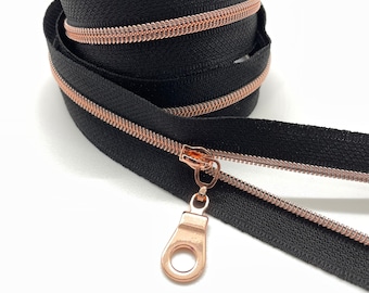 Rose Gold Nylon Coil Zipper (#3 Size) with Black Tape & Rose Gold Pulls - Zipper by the Yard - Nylon Coil Zipper - Metallic Zipper