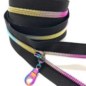 Rainbow Nylon Coil Zipper with Black Tape & Rainbow Pulls - Zipper by the Yard - Nylon Coil Zipper - Metallic Zipper