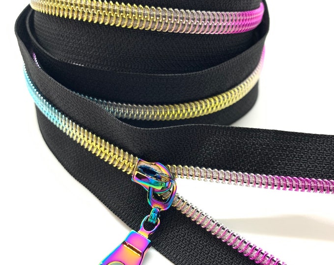 Rainbow Nylon Coil Zipper with Black Tape & Rainbow Pulls - Zipper by the Yard - Nylon Coil Zipper - Metallic Zipper