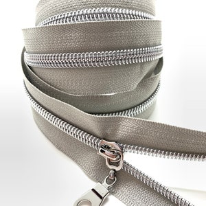 Silver Nylon Coil Zipper with Grey Tape & Nickel Pulls - Zipper by the Yard - Nylon Coil Zipper - Metallic Zipper