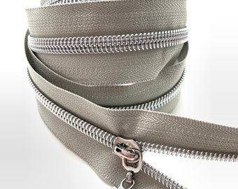 Silver Nylon Coil Zipper with Grey Tape & Nickel Pulls - Zipper by the Yard - Nylon Coil Zipper - Metallic Zipper