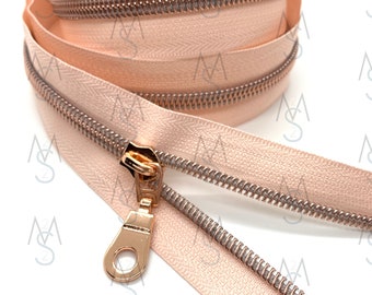 Rose Gold Nylon Coil Zipper with Peachy Rose Tape & Rose Gold Pulls - Zipper by the Yard - Nylon Coil Zipper - Metallic Zipper