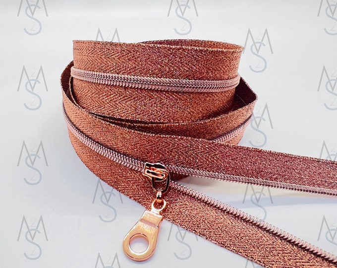 Rose Gold Nylon Coil Zipper with Metallic Rose Tape & Rose Gold Pulls - Zipper by the Yard - Nylon Coil Zipper - Metallic Zipper
