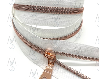Rose Gold Nylon Coil Zipper with White Tape & Rose Gold Pulls - Zipper by the Yard - Nylon Coil Zipper - Metallic Zipper