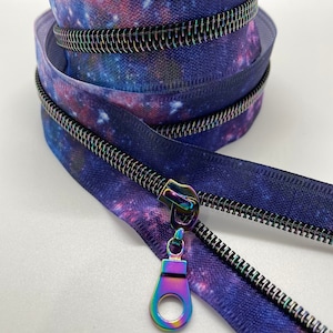 Star Rainbow Nylon Coil Zipper with Galaxy Tape & Rainbow Pulls - Zipper by the Yard - Nylon Coil Zipper - Metallic Zipper
