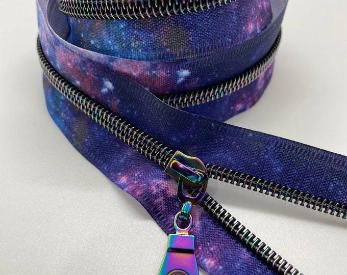 Star Rainbow Nylon Coil Zipper with Galaxy Tape & Rainbow Pulls - Zipper by the Yard - Nylon Coil Zipper - Metallic Zipper