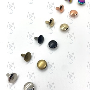Può includere: Assortimento di rivetti metallici in vari colori, tra cui argento, oro, nero e arcobaleno. I rivetti hanno una testa piatta e rotonda e un perno per il fissaggio a tessuto o pelle.