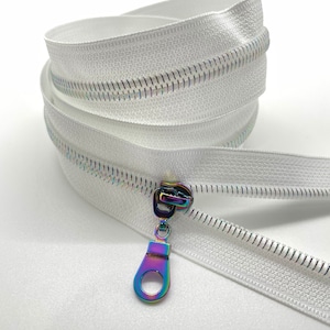 Star Rainbow Nylon Coil Zipper with White Tape & Rainbow Pulls - Zipper by the Yard - Nylon Coil Zipper - Metallic Zipper
