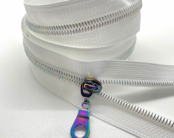 Star Rainbow Nylon Coil Zipper with White Tape & Rainbow Pulls - Zipper by the Yard - Nylon Coil Zipper - Metallic Zipper