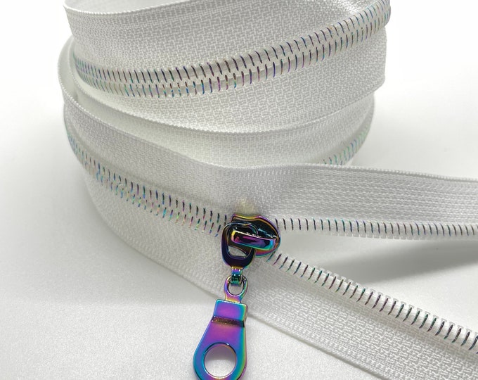 Star Rainbow Nylon Coil Zipper with White Tape & Rainbow Pulls - Zipper by the Yard - Nylon Coil Zipper - Metallic Zipper