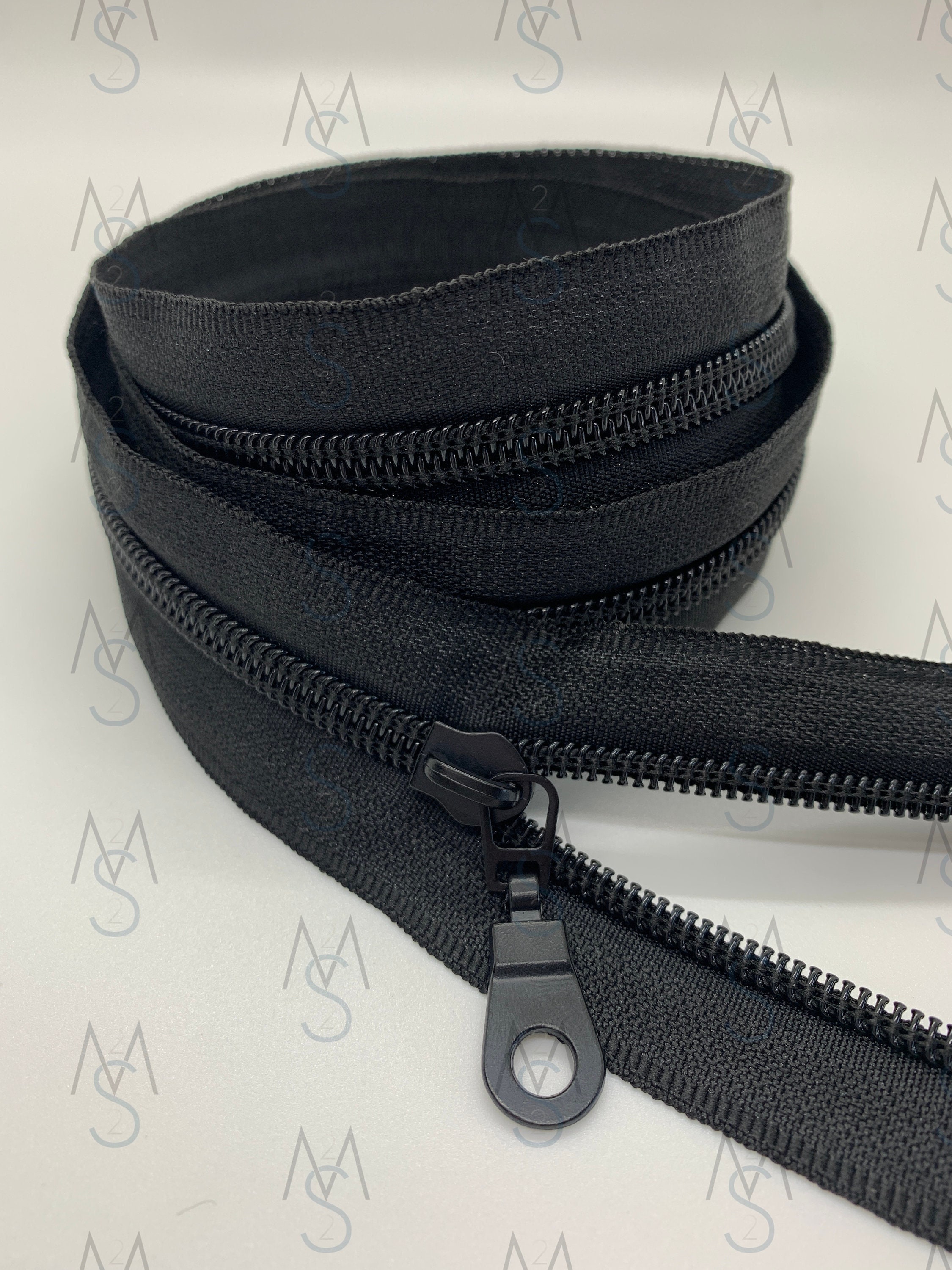 Black Nylon Coil Zipper (#5 Size) with Black Tape & Black Metal Pulls -  Zipper by the Yard - Nylon Coil Zipper - Metallic Zipper