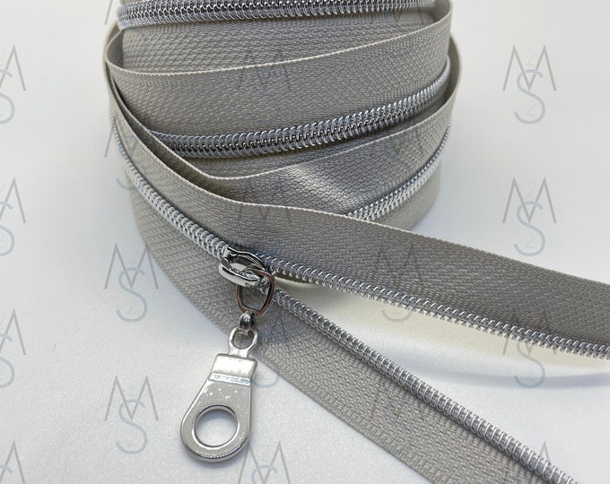 Silver Nickel Nylon Coil Zipper (#3 Size) with Grey Tape & Nickel Pulls - Zipper by the Yard - Nylon Coil Zipper - Metallic Zipper