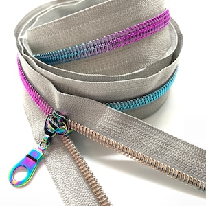 Rainbow Nylon Coil Zipper with Grey Tape & Rainbow Pulls - Zipper by the Yard - Nylon Coil Zipper - Metallic Zipper
