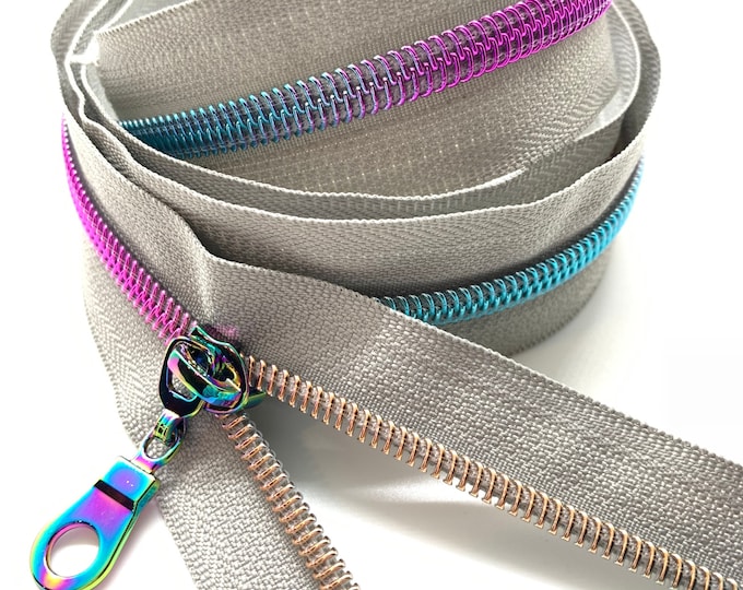Rainbow Nylon Coil Zipper with Grey Tape & Rainbow Pulls - Zipper by the Yard - Nylon Coil Zipper - Metallic Zipper