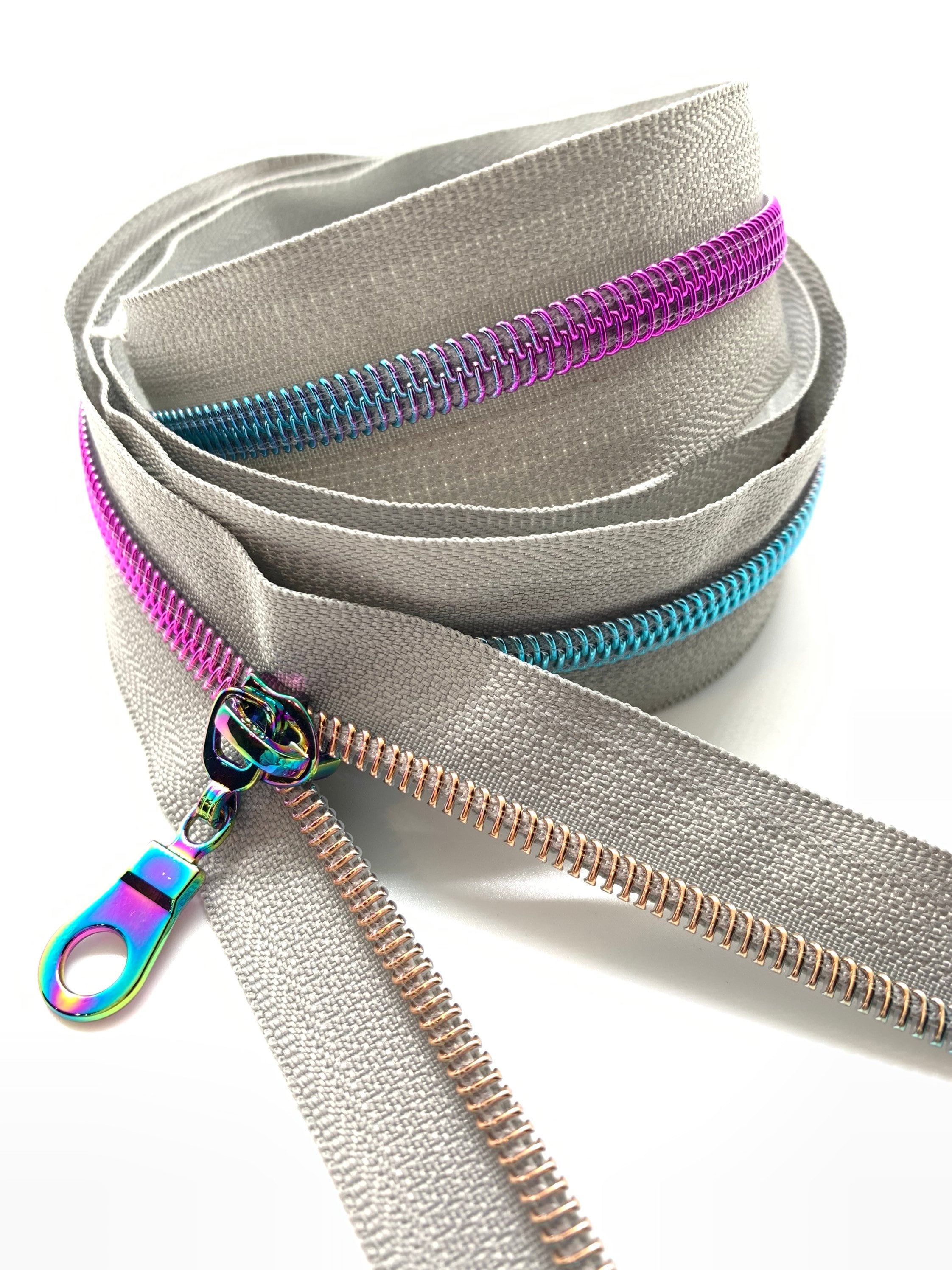 Rainbow Nylon Coil Zipper with Grey Tape & Rainbow Pulls - Zipper