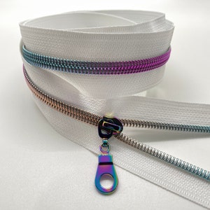 Rainbow Nylon Coil Zipper with White Tape & Rainbow Pulls - Zipper by the Yard - Nylon Coil Zipper - Metallic Zipper