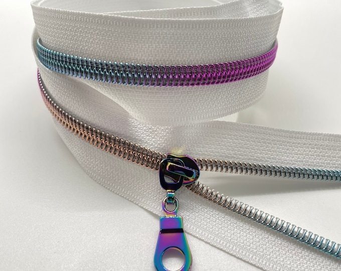 Rainbow Nylon Coil Zipper with White Tape & Rainbow Pulls - Zipper by the Yard - Nylon Coil Zipper - Metallic Zipper