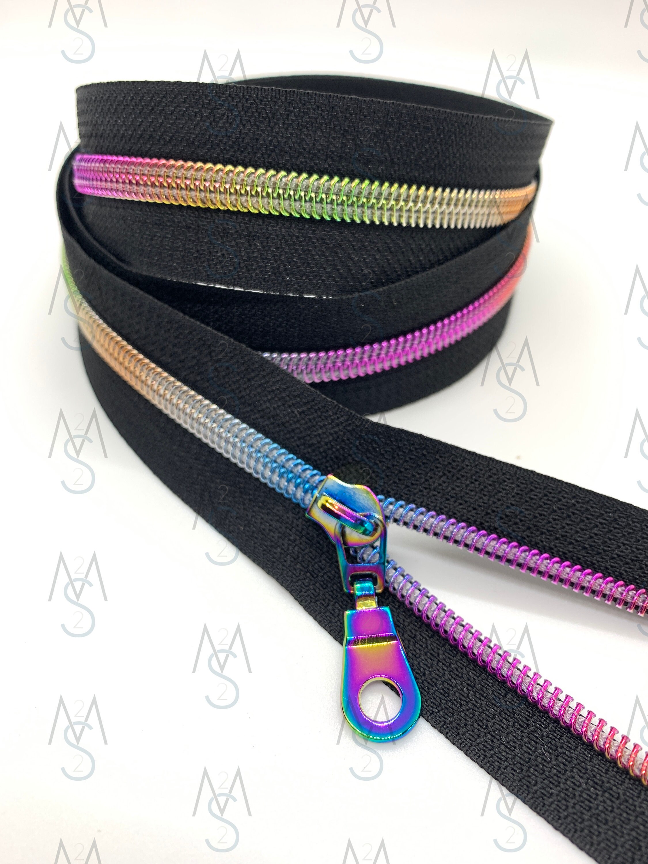 Rainbow Nylon Coil Zipper (5 Size) with Black Tape & Rainbow Pulls