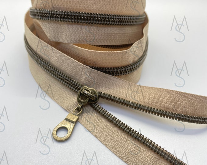 Antique Brass Nylon Coil Zipper with Beige Tape & Antique Brass Pulls - Zipper by the Yard - Nylon Coil Zipper - Metallic Zipper