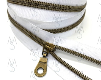 Antique Brass Nylon Coil Zipper with WhiteTape & Antique Brass Pulls - Zipper by the Yard - Nylon Coil Zipper - Metallic Zipper