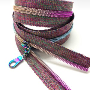 Fermeture à glissière en nylon arc-en-ciel avec ruban métallique et poignées arc-en-ciel - Fermeture par mètre - Fermeture à glissière en nylon - Fermeture à glissière métallique
