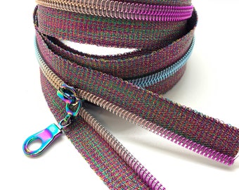 Rainbow Nylon Coil Zipper with Metallic Tape & Rainbow Pulls - Zipper by the Yard - Nylon Coil Zipper - Metallic Zipper