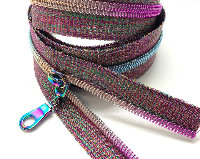 Rainbow Nylon Coil Zipper with Metallic Tape & Rainbow Pulls - Zipper by the Yard - Nylon Coil Zipper - Metallic Zipper