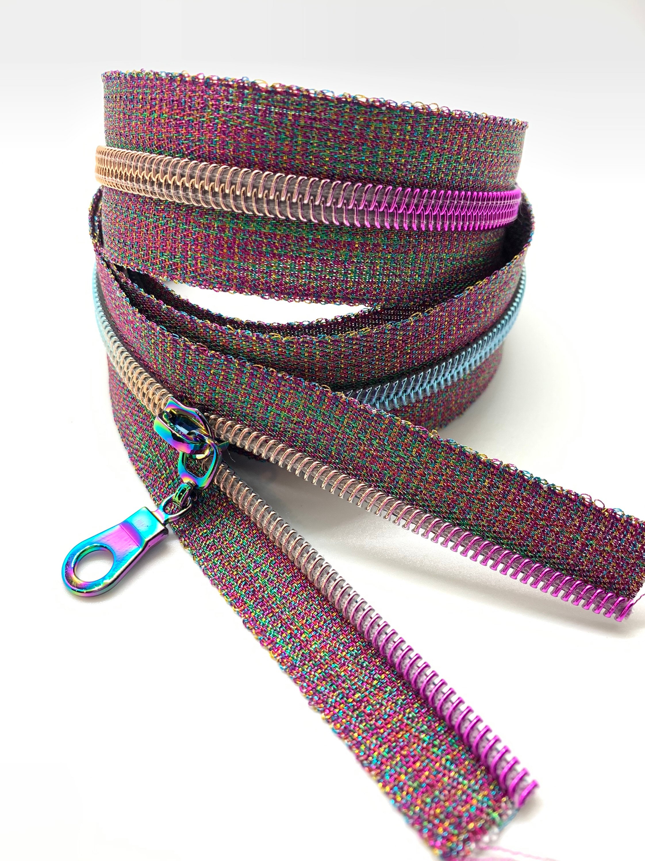 Rainbow Nylon Coil Zipper with Metallic Tape & Rainbow Pulls - Zipper by  the Yard - Nylon Coil Zipper - Metallic Zipper