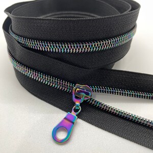Star Rainbow Nylon Coil Zipper with Black Tape & Rainbow Pulls - Zipper by the Yard - Nylon Coil Zipper - Metallic Zipper