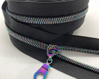 Star Rainbow Nylon Coil Zipper with Black Tape & Rainbow Pulls - Zipper by the Yard - Nylon Coil Zipper - Metallic Zipper