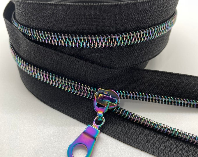 Star Rainbow Nylon Coil Zipper with Black Tape & Rainbow Pulls - Zipper by the Yard - Nylon Coil Zipper - Metallic Zipper