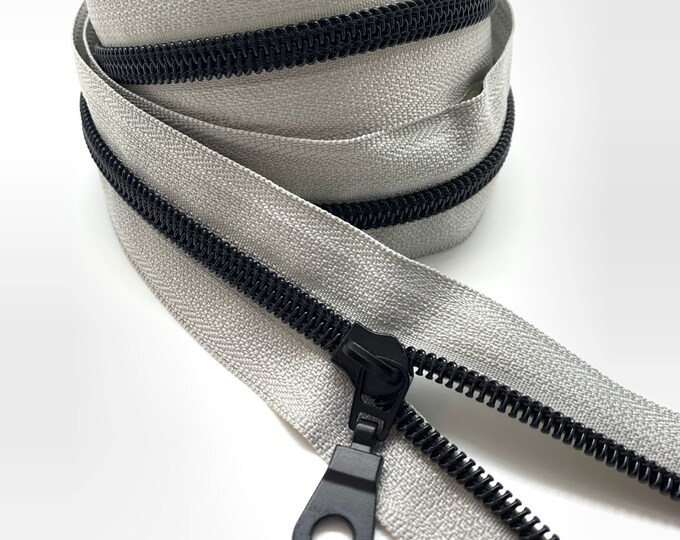 Black Nylon Coil Zipper (#5 Size) with Grey Tape & Black Metal Pulls - Zipper by the Yard - Nylon Coil Zipper - Metallic Zipper