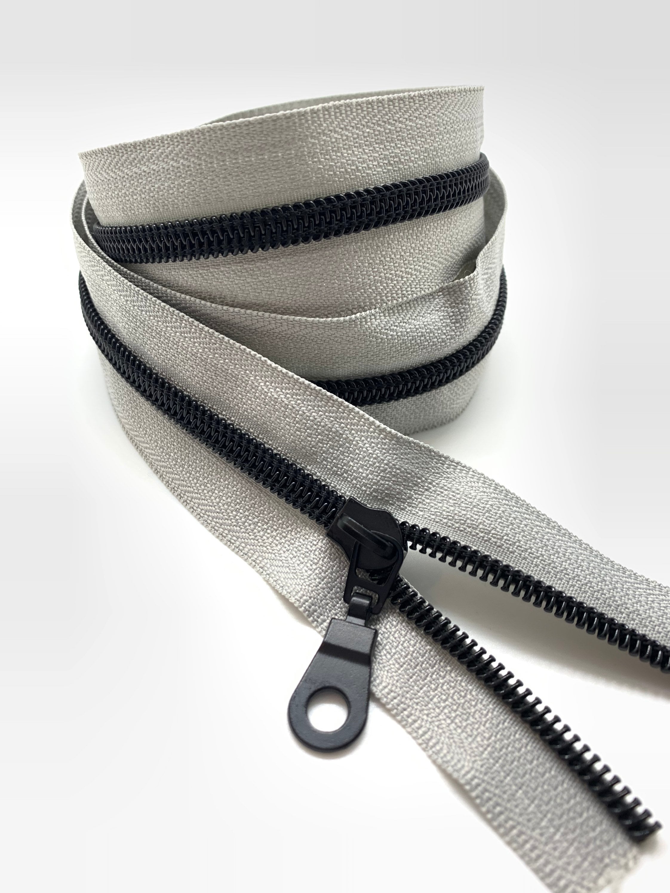 Black Nylon Coil Zipper with Grey Tape & Black Metal Pulls - Zipper