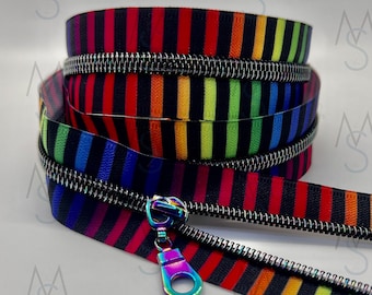 Star Rainbow Nylon Coil Zipper with Black and Rainbow Stripe Tape & Rainbow Pulls - Zipper by the Yard - 2 Minutes 2 Stitch