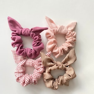 Bunny Ear Scrunchie Set for Kids, Toddler Bow Hair Ties, Children's Neutral Mini Scrunchies, Birthday Gift, Upcycled fabrics