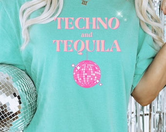 Camiseta Techno y Tequila, Camiseta Techno, Atuendo para Festivales, EDM, Ropa Rave, Colores Cómodos, Música House, Bola de Disco, Camiseta Premium Unisex
