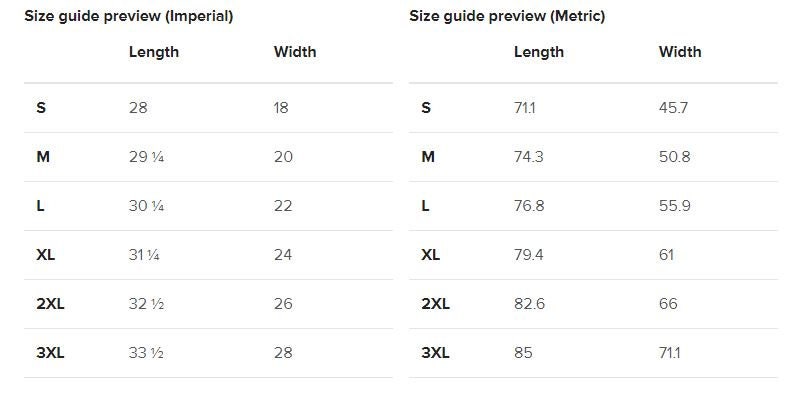 Puede incluir: Tabla de tallas que muestra las medidas en pulgadas y cent&iacute;metros para diferentes tallas de ropa, de la S a la 3XL.