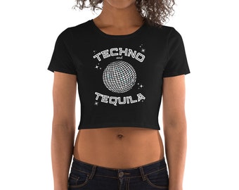 Top corto de mujer Techno & Tequila, camisa Rave, EDM, camisa de festival, atuendo de festival, música house, camisa de fiesta, discoball