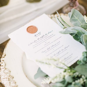 Personalized menu with wax seal, handmade paper, calligraphy, wedding reception, stationery