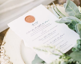 Personalized menu with wax seal, handmade paper, calligraphy, wedding reception, stationery