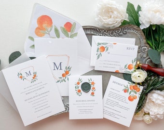 Tropical Orange Citrus Crest Wedding Invitation Suite DEPOSIT