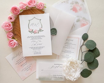 Soft Pink Floral Romantic Crest Wedding Invitation Suite DEPOSIT