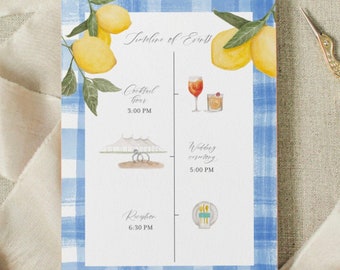 Custom watercolor illustrated wedding itinerary, details card