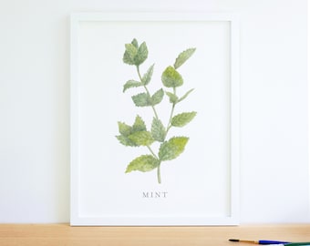 Watercolor Mint herb painting art print, kitchen decor