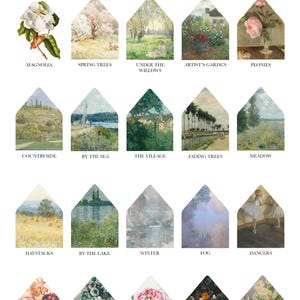 May include: A collection of twenty envelope liners featuring various artistic prints including Magnolia, Spring Trees, Under the Willows, Artist's Garden, Peonies, Countryside, By the Sea, The Village, Fading Trees, Meadow, Haystacks, By the Lake, Winter, Fog, Dancers, Bouquet 1, Vase, Rose, Moody Flowers, and Bouquet 2.
