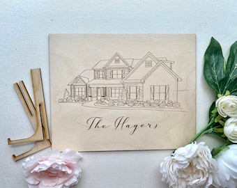 Hand drawn House Portrait wood sign, laser engraved house portrait drawing