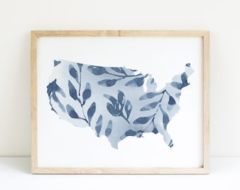 Blue Floral US country silhouette, wall art, wall decor, fine art print, watercolor painting