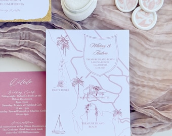 Custom line drawing illustrated wedding map, details card