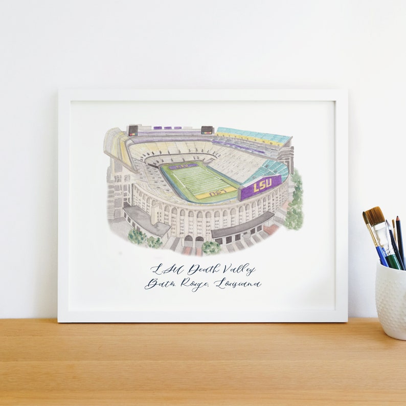 LSU Stadium Building watercolor painting, art print, grad gift, keepsake image 1