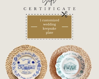 Gift Certificate: Hand Drawn Personalized Wedding Venue Keepsake Ceramic Plate, Registry